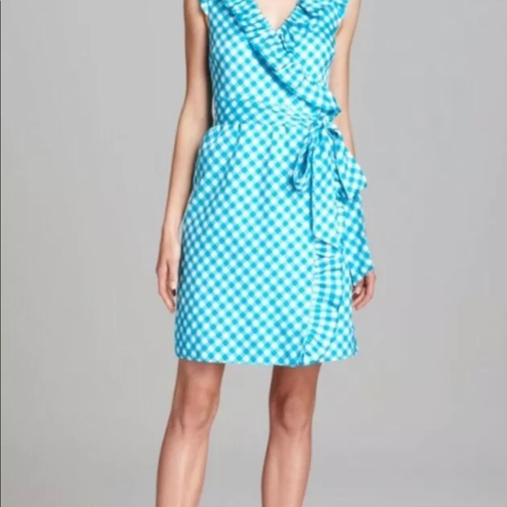 Kate Spade Silk Blue Gingham/Plaid Ruffle Wrap Dress Sz 8